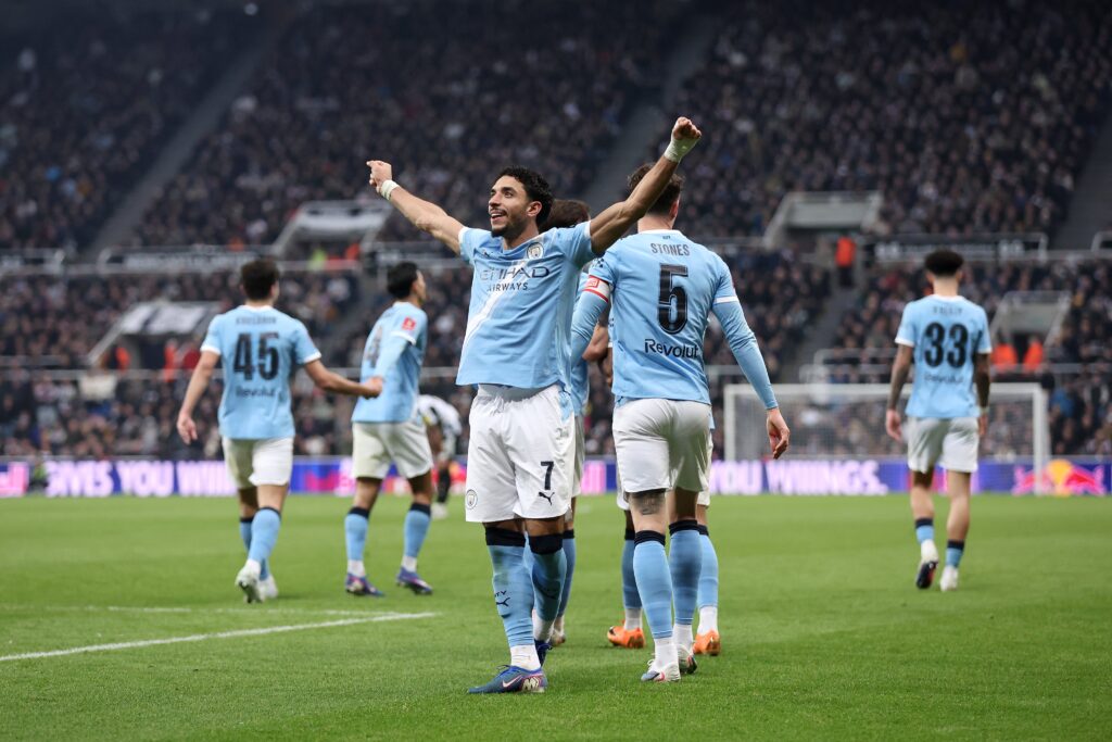 Omar Marmoush Celebrates after scoring for Manchester City