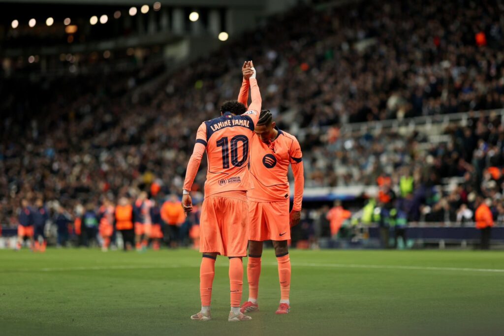 Lamine Yamal celebrates penalty goal for Barcelona vs Newcastle United at St James Park